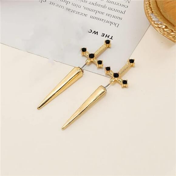 Gothic Sword Earrings Women Punk Dagger Rhinestone Stud Retro Black CZ Jewelry - Picture 6 of 8
